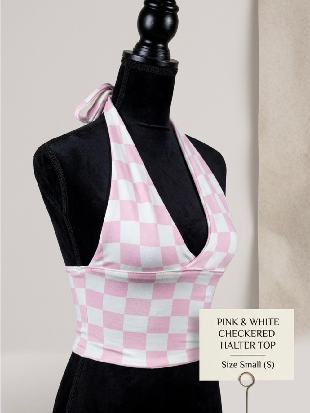 Pink & White Checkered Halter Crop Top